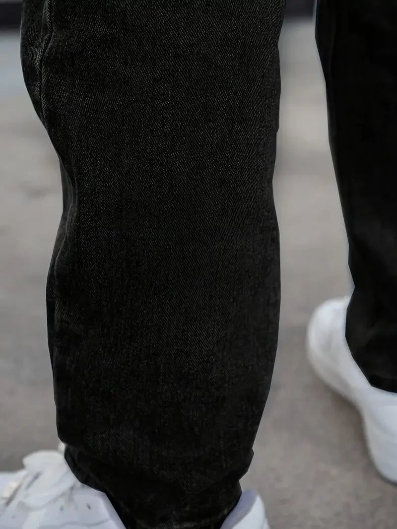 Men's Classic Black Washed Casual Jeans - Straight Leg Fit, Non-Stretch Denim, All-Season Wear, Comfortable & Stylish for Everyd