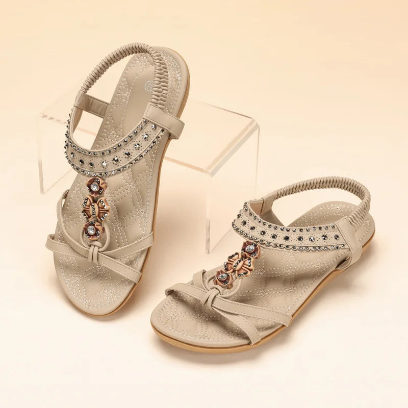Women'S Sandals Bohemian Style Flat Shoes Suitable For Outdoor Beach Shoe Diamond-Studded Casual Fashion With Skirt Black White