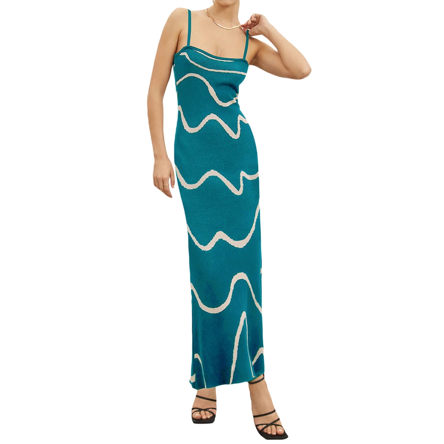 Women s Summer Cami Knit Dress Wavy Print Spaghetti Strap Open Back Party Midi Dress