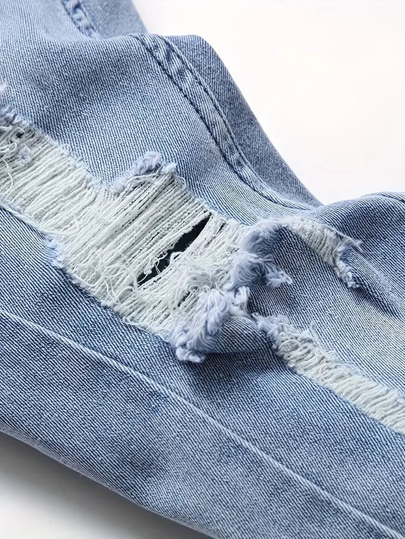 Men'S Fashionable Ripped Jeans, Cotton Blend, Streetwear Style, Stretch Fabric, Regular Length, Suitable For All Seasons, Fashio