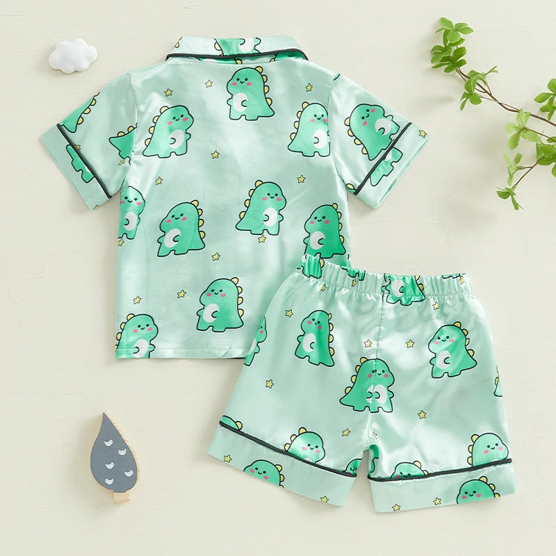 Kids Summer Pajama Set with Cute Animal Print Short Sleeve Button Down V Neck Top and Shorts Lounge Wear 2 Piece Set