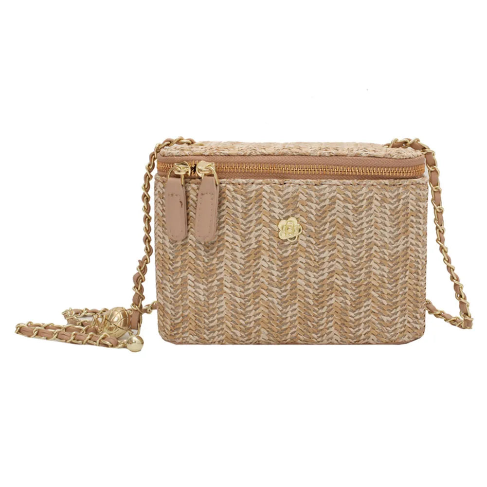 Women Weaving Beach Handbag with Chain Straw Bucket Satchel Bag Bohemian Top Handle Bag Ladies Summer Daily Bag