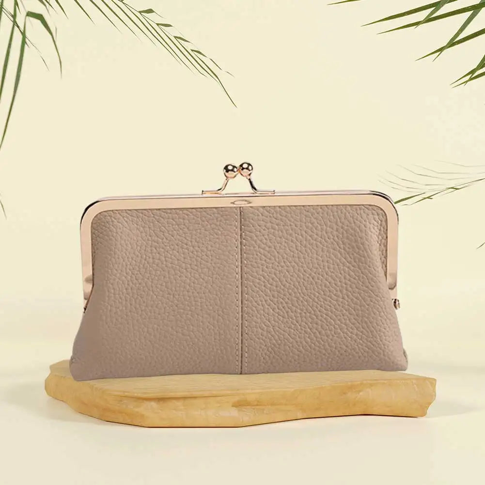 Genuine Leather Vintage Kiss Lock Wallet Large Capacity Long Card Holder Double Clip Travel Wallet Key Card Storage Bag