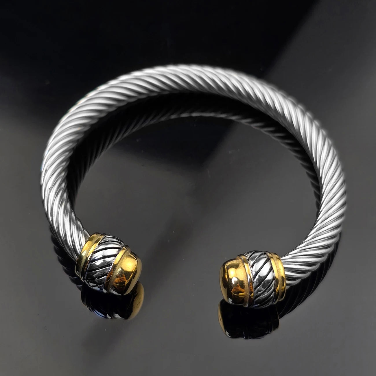 7mm Stainless Steel Cable Bracelet Designed for Women Two-Tone Open Twisted Rope Bracelet with Jewelry Pouch Gift for Women