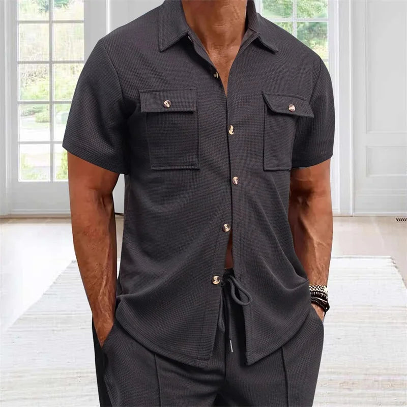 Men s Casual Short Sleeve Button Down Shirt with Turn-down Collar Solid Color Summer Top for Daily Wear and Outings