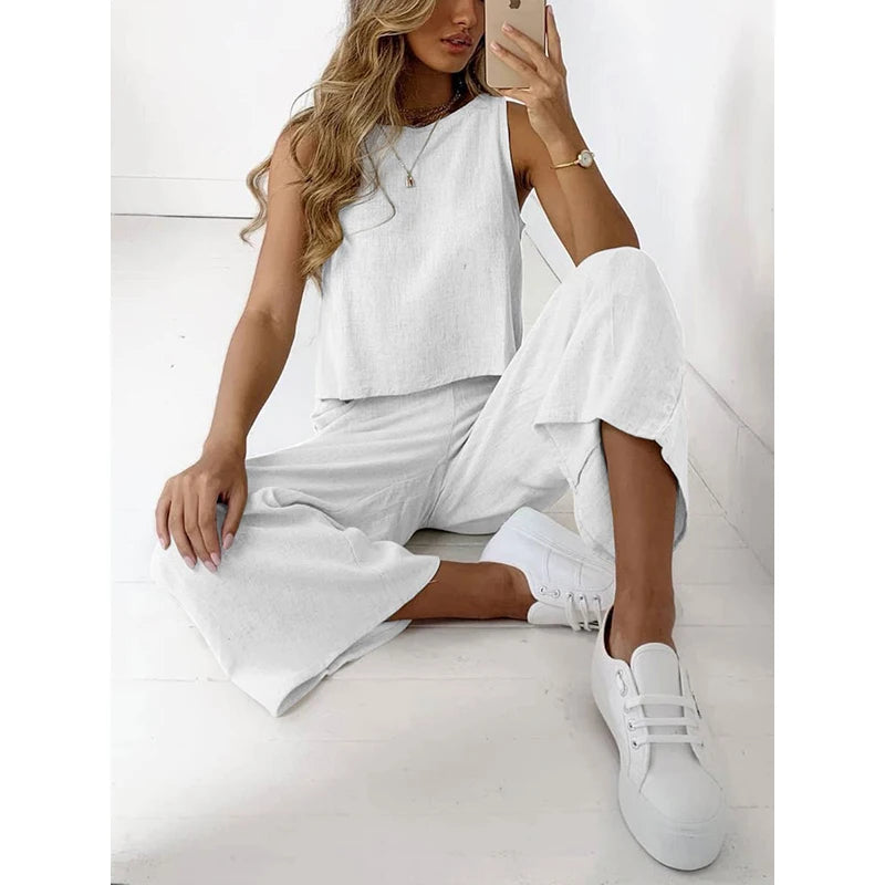 Casual Women's Clothing Suit O Neck Two Pieces Set Loose Sleeveless Solid Color Wide Leg Simple Comfortable for Famale Outdoor
