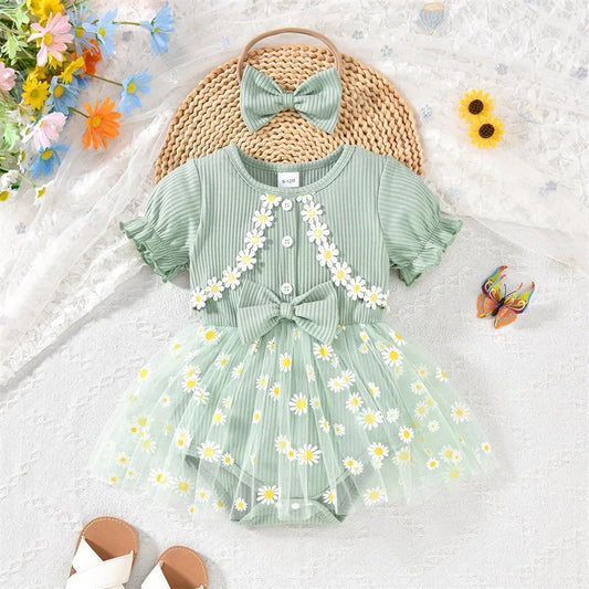 Infant Girls Floral Romper Set with Matching Headband Short Sleeve Mesh Skirt Jumpsuit Summer Outfit for Baby Girl