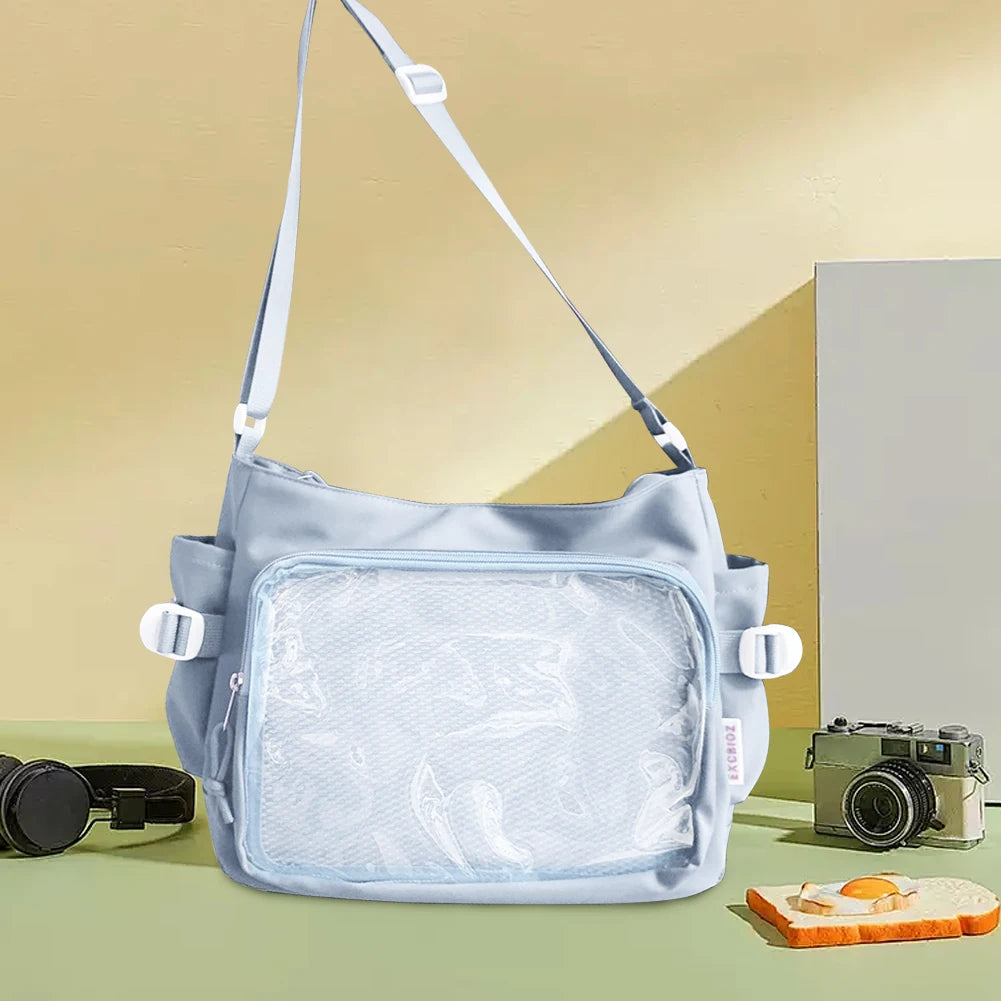 Women Ita Bag Japanese Style Shoulder Purse with Clear Window Teenagers School Bag Multi-pockets Adjustable Strap Chic Hobo Bag