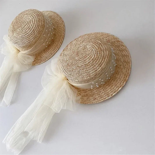 Elegant Fashion Mother Daughter Sunhats Lace Mesh Pearls Hat Cap Outdoor Beach Sunprotection Summer Straw Hat for Adult and Girl