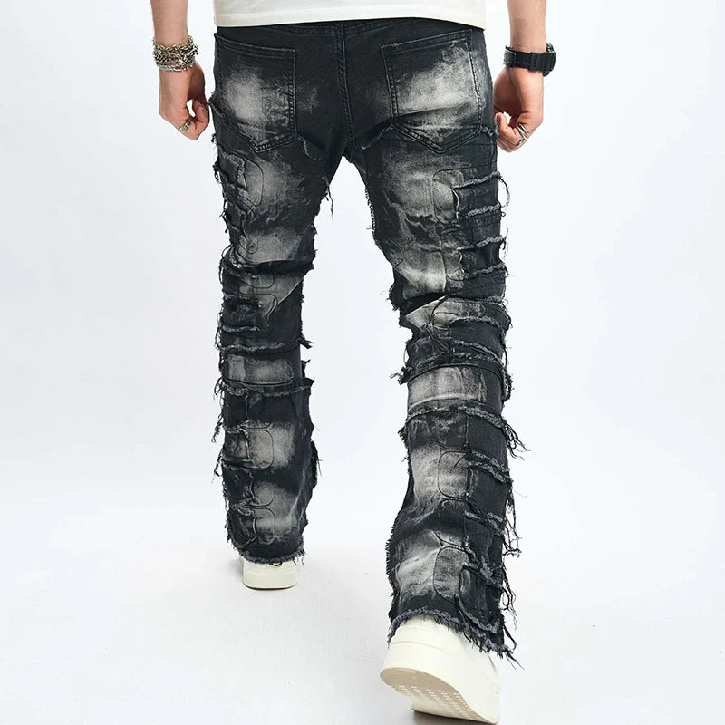 Men Vintage Denim Pants Raw Trim Distressed Straight Leg Pants Casual Trousers with Pockets for Streetwear