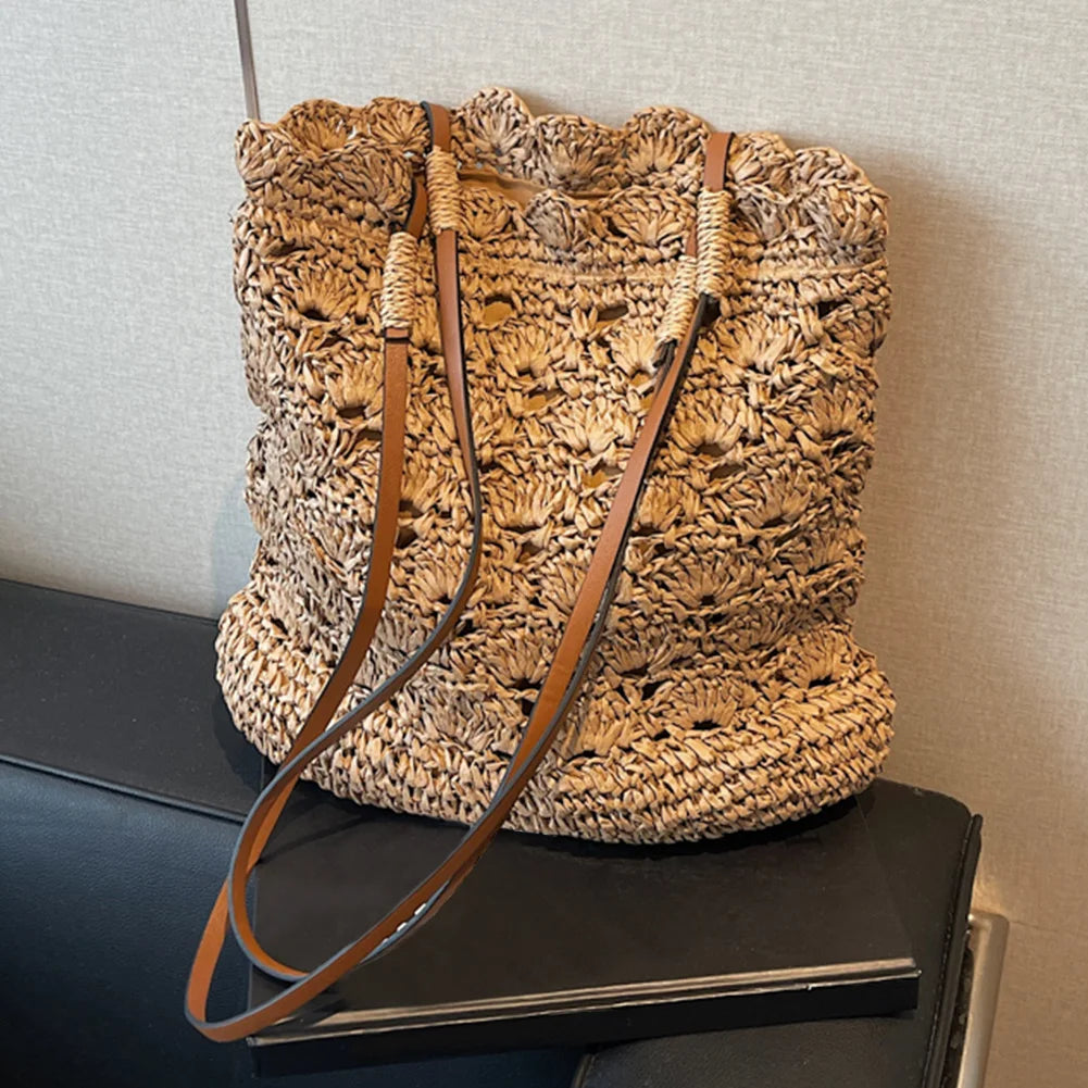 Women Seaside Knitting Beach Bag Large Capacity Hand Woven Tote Bag Wear Resist Crochet Handbag Travel Shopping Party Bag