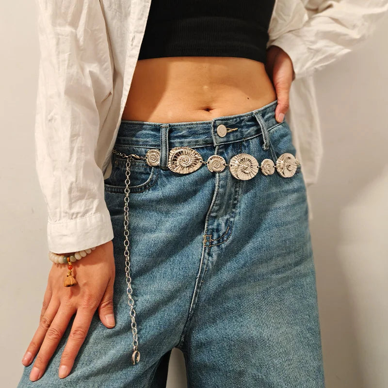 New Fashion Golden Waist Chain Metal Belt Women's Personalized Irregular Designer Geometric Shape conch Jeans Belt  Summer Beach