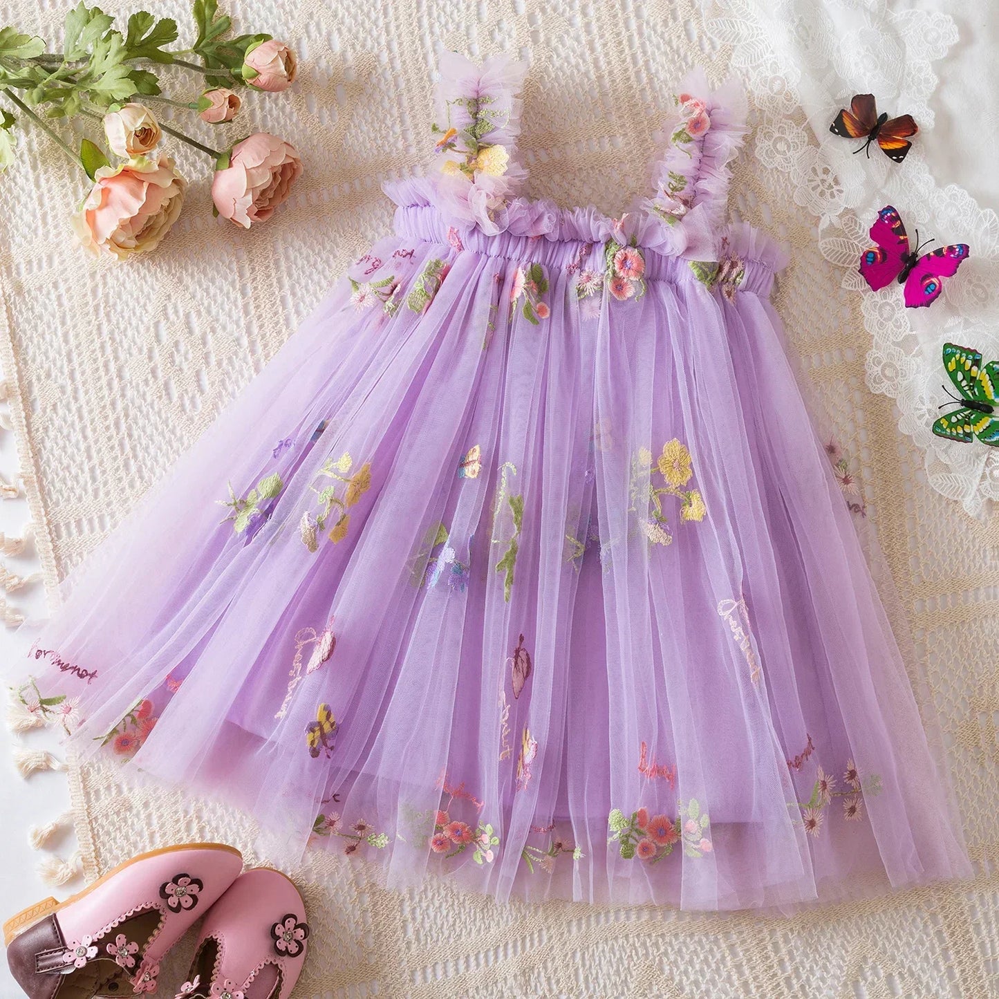 Summer Girls' Princess Party Birthday Dress Sweet Baby Girls Dress Back Bow Wings Fairy Strap Embroidered Butterfly Mesh Dress