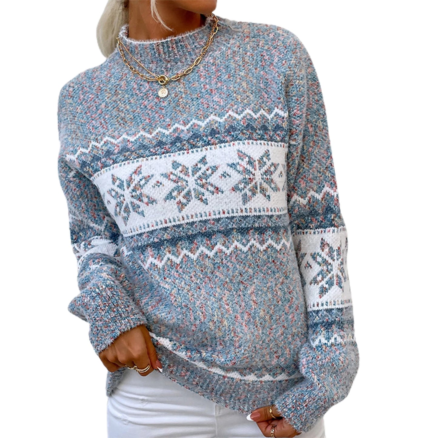 Women s Loose Christmas Sweater Cartoon Snowflake Print Long Sleeve Half High Neck Pullover Holiday Knitwear