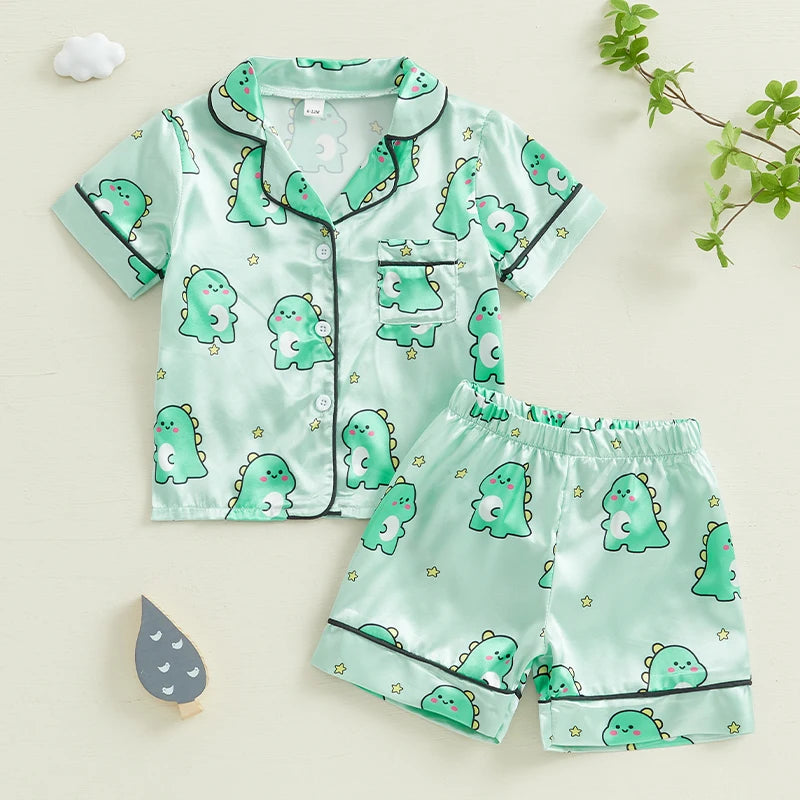 Kids Summer Pajama Set with Cute Animal Print Short Sleeve Button Down V Neck Top and Shorts Lounge Wear 2 Piece Set