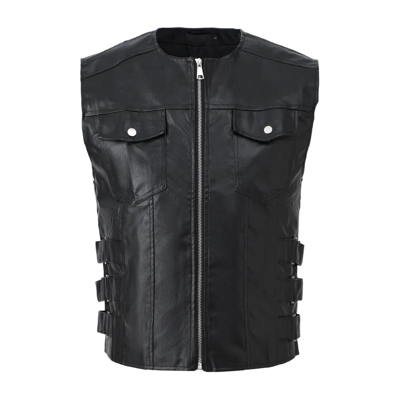 Men's Fashion Leather Biker Vests High Street Punk Style Motorcycle Rider Waistcoat For Male Sleeveless Jacket