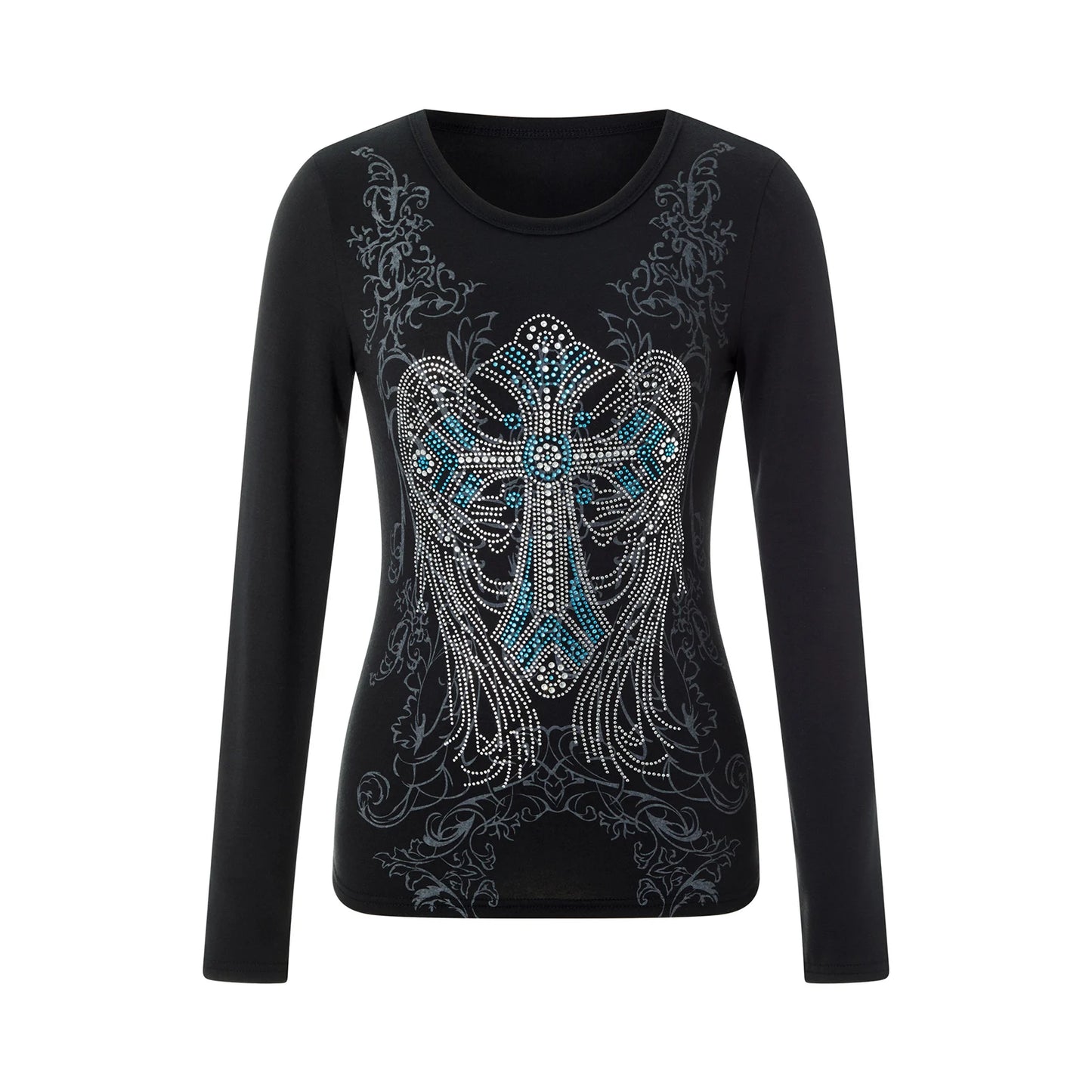 Women’s Blouse Round Neck Long Sleeve Cross Rhinestone Pattern Tops Clubwear for Spring Summer