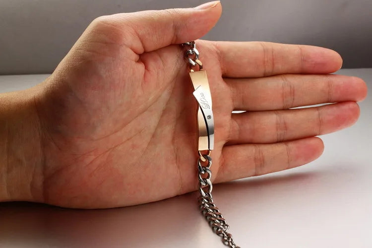 Trendy Silver Rose Gold Love Bracelet for Women Men – Stainless Steel Chain Couple Jewelry Gift for Anniversary or Birthday