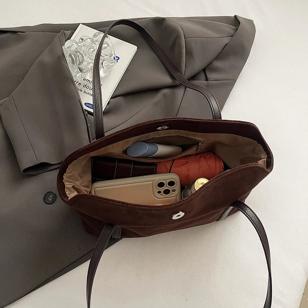 Women Suede Shoulder Bag Large Capacity Flap Underarm Bag Solid Retro Handbag Clutch Purse for Work Travel