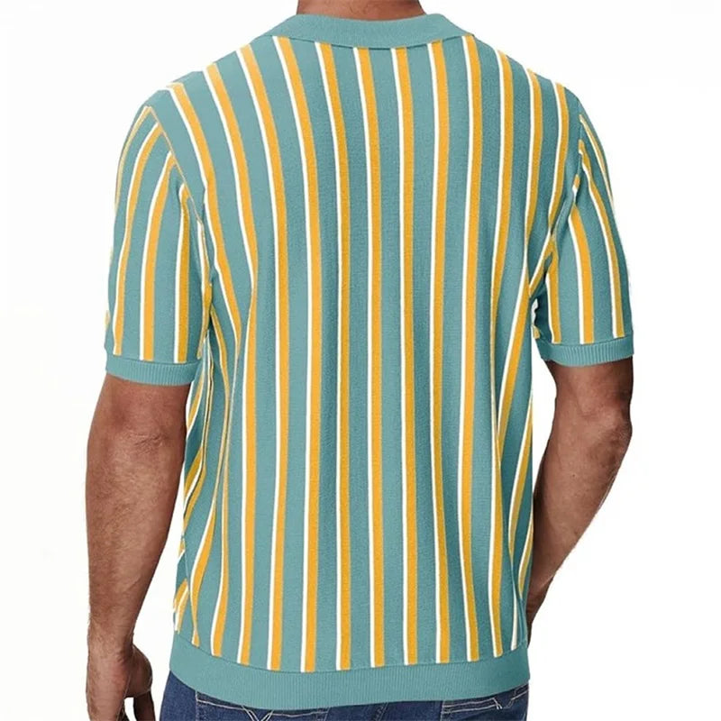 Men s Fit Striped Knit Shirt with Lapel V Neck and Short Sleeves - Stylish Summer Streetwear Top for a Trendy Look