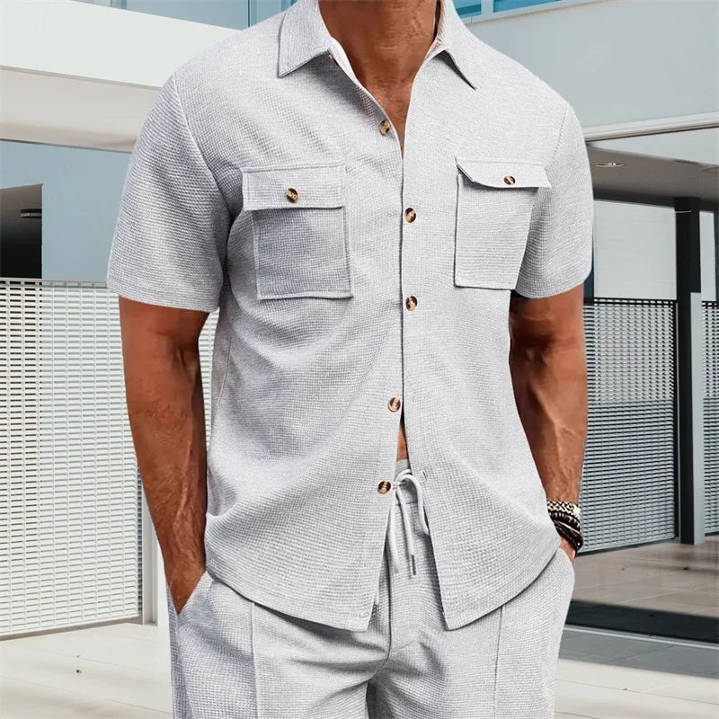 Men s Casual Short Sleeve Button Down Shirt with Turn-down Collar Solid Color Summer Top for Daily Wear and Outings