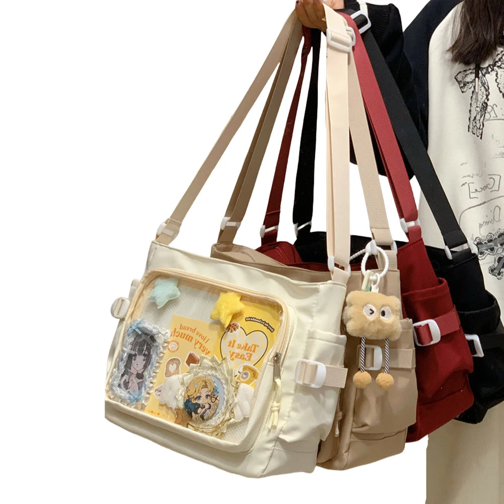 Women Ita Bag Japanese Style Shoulder Purse with Clear Window Teenagers School Bag Multi-pockets Adjustable Strap Chic Hobo Bag