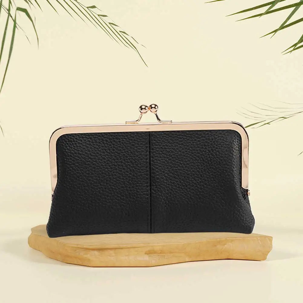 Genuine Leather Vintage Kiss Lock Wallet Large Capacity Long Card Holder Double Clip Travel Wallet Key Card Storage Bag