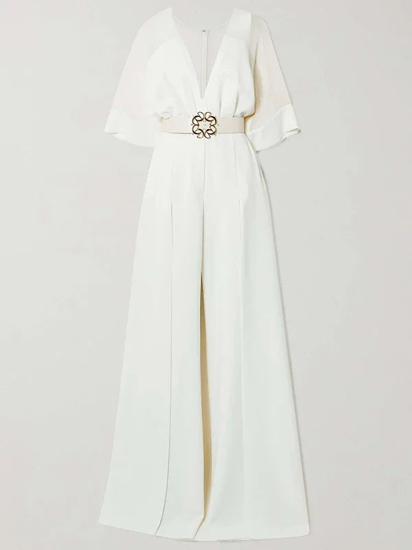 2025 New White Elegat One-piece Suit for Urban Women V-neck Mesh Patchwork Raglan Sleeve Belted Wide Leg Jumpsuit Party Overall