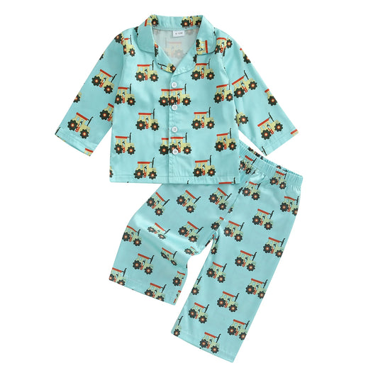 Children s Pajama Set with Dinosaur Print Cozy Button-Up Shirt and Elastic Waist Pants for Comfortable Sleepwear and Lounging