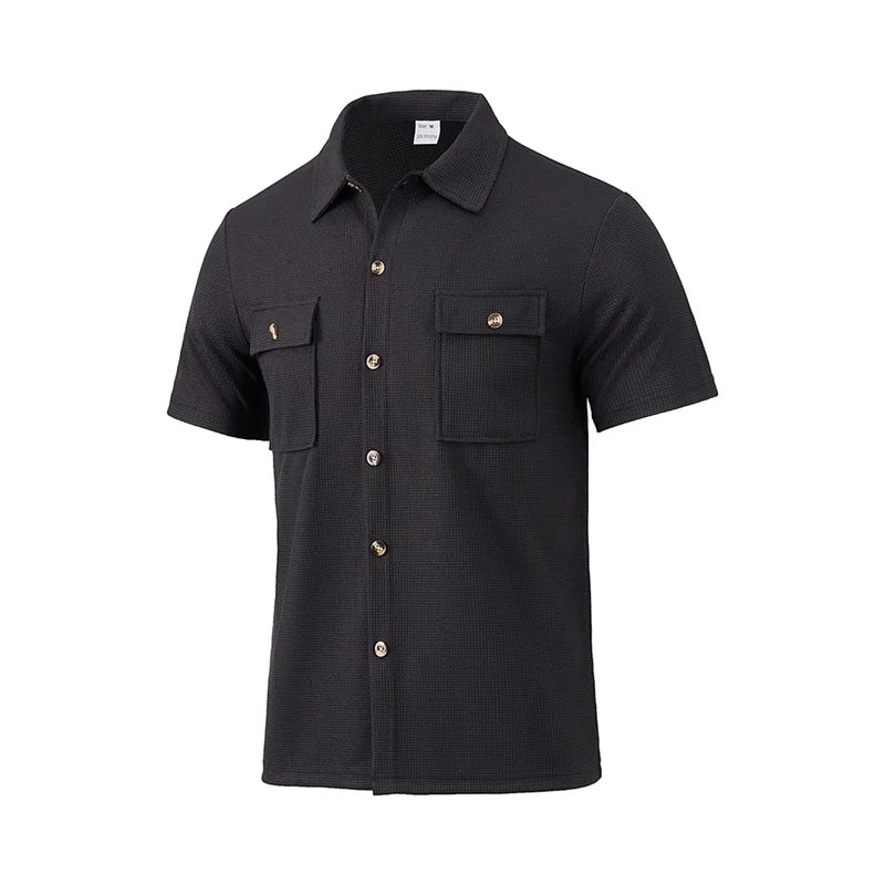 Men s Casual Short Sleeve Button Down Shirt with Turn-down Collar Solid Color Summer Top for Daily Wear and Outings