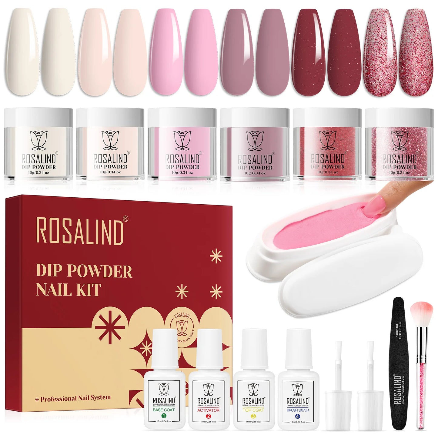 ROSALIND 6 Colors Dip Powder Nail Dip Powder Colors Liquid Set with Base&Top Dip Nails Powder Starter Kit
