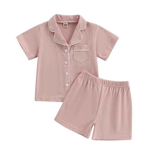 Girls Summer Pajama Set with Short Sleeve Patchwork Shirts and Elastic Waist Shorts - 2 Piece Lounge Suit for Sleepwear
