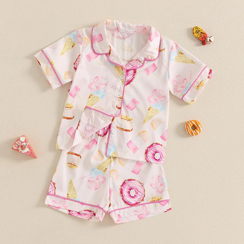 Boys 2PCS Pajama Sets Long Sleeve Lapel Button Up Dinosaur Robot Spaceship Truck Print Shirt Shorts Sleepwear