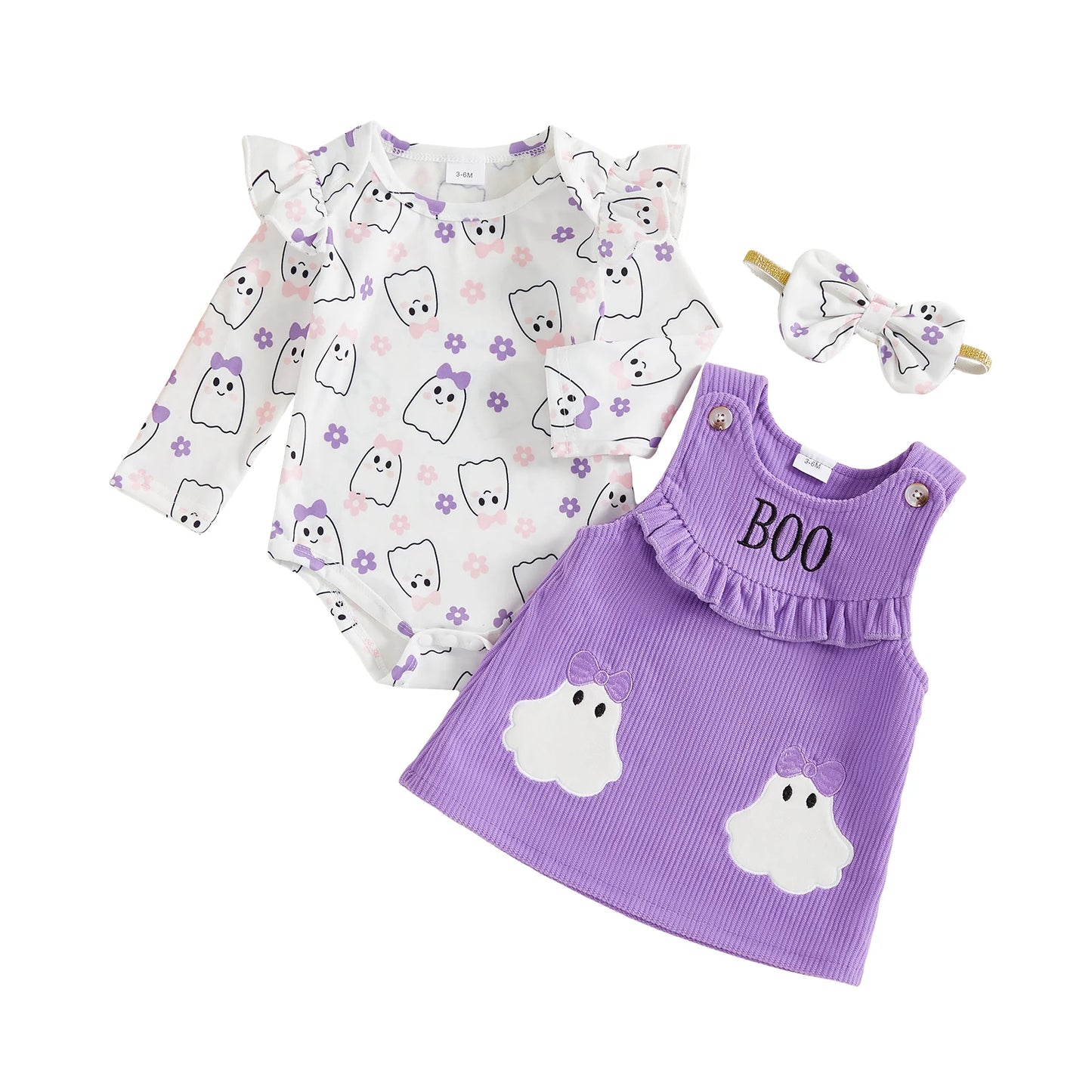 Toddler Boy Halloween Costume Ghost Print Short Sleeve Romper and Suspender Pants Bow Tie Set with Hat and Socks