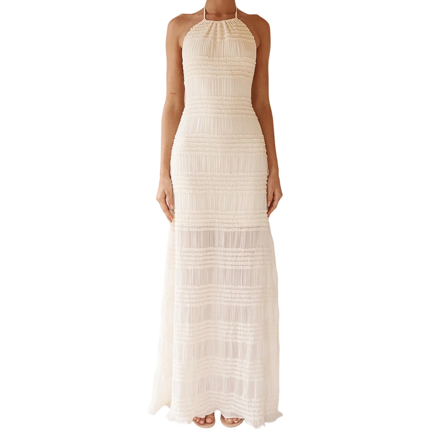 Elegant Maxi Dress with Lace-Up Halter Neck and Open Back Detail Stylish Sleeveless Summer Dress for Women Solid Color Casual