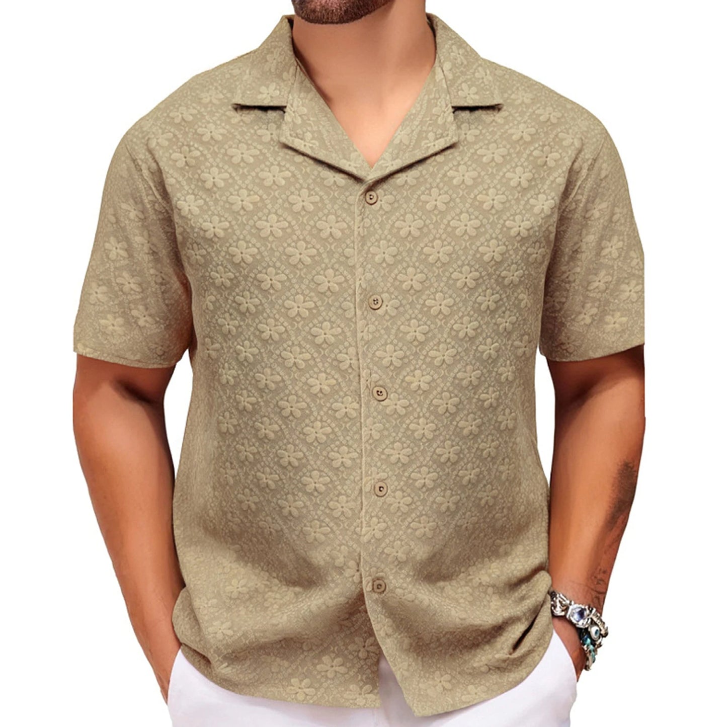Men s Floral Print Short Sleeve Shirt with Turn-down Collar and Button Closure Perfect for Casual Summer Outfits