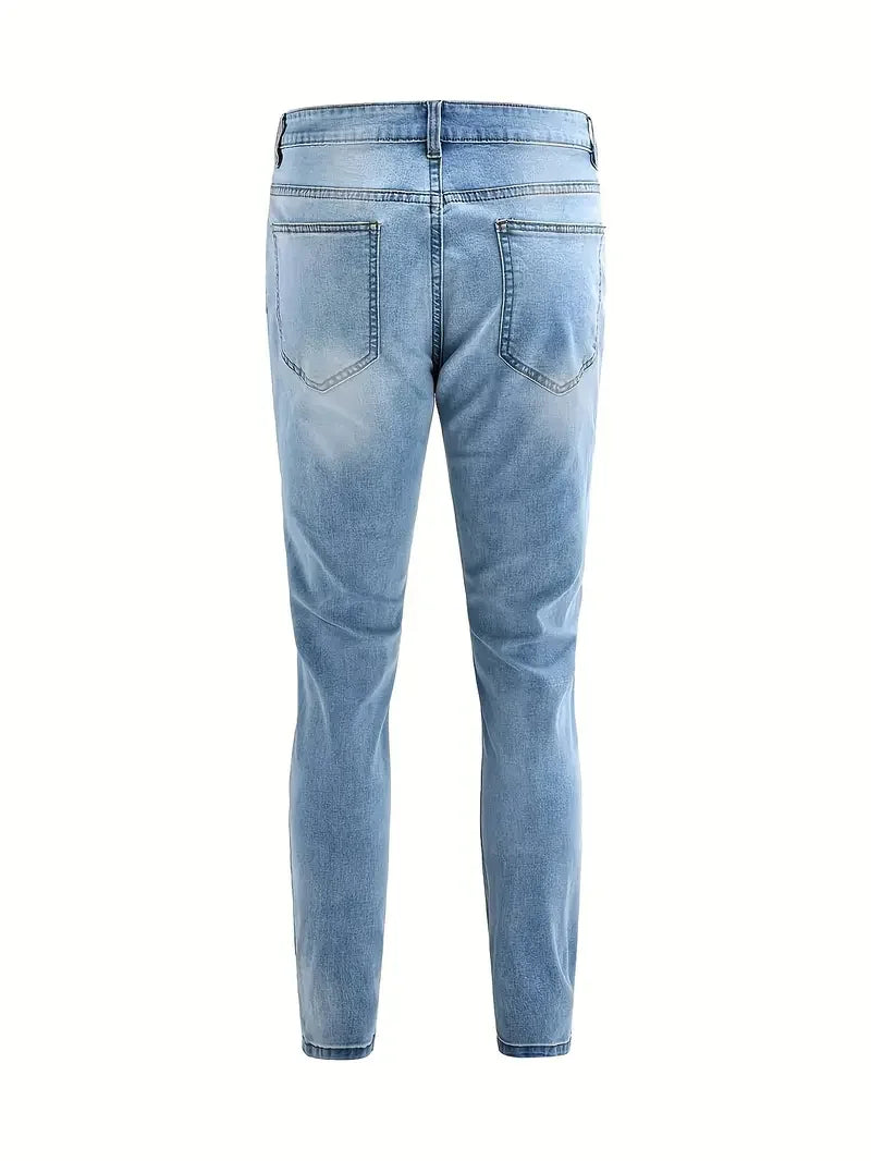 Men'S Slim Fit Distressed Jeans - Stretch Denim, Ripped Detail, Mid-Rise, Street Style, Light Blue, All-Season Casual Wear, Stre