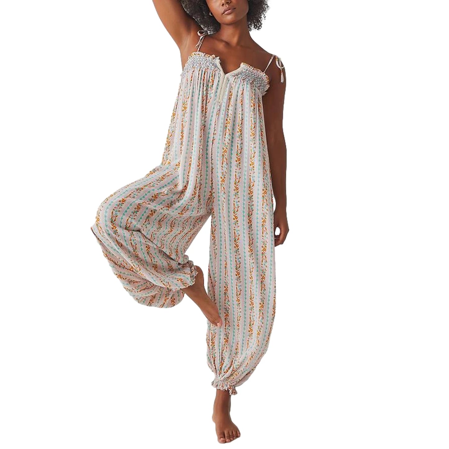 Women Summer Cami Jumpsuits Retro Floral Print Tie-Up Spaghetti Strap Sleeveless Long Rompers Fashion Loose Playsuits
