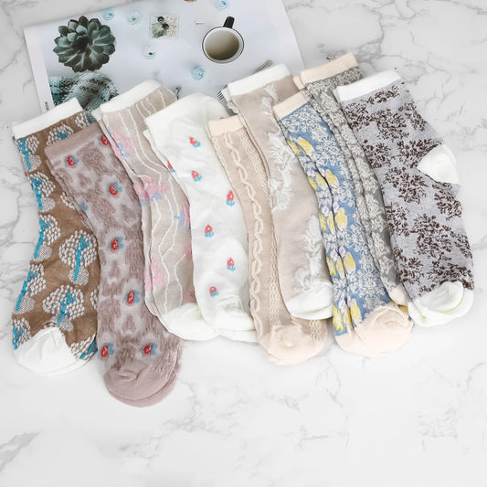 9Pair Soft Socks for Women Vintage 3D flower Breathable comfortable Cotton Multi Color Embossed Floral Calf Sock fashion design