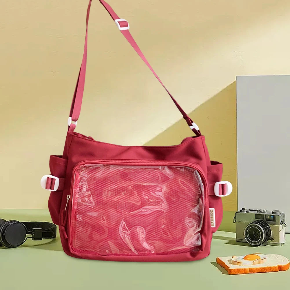 Women Ita Bag Japanese Style Shoulder Purse with Clear Window Teenagers School Bag Multi-pockets Adjustable Strap Chic Hobo Bag