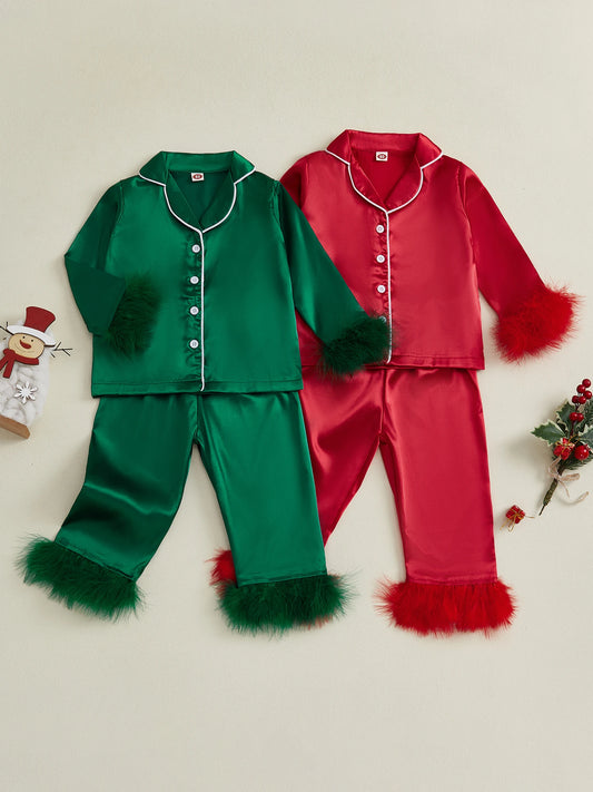 Children s Satin Pajama Set with Plush Trim Long Sleeve Button-up Shirt Elastic Waist Pants - 2 Piece Sleepwear Ensemble