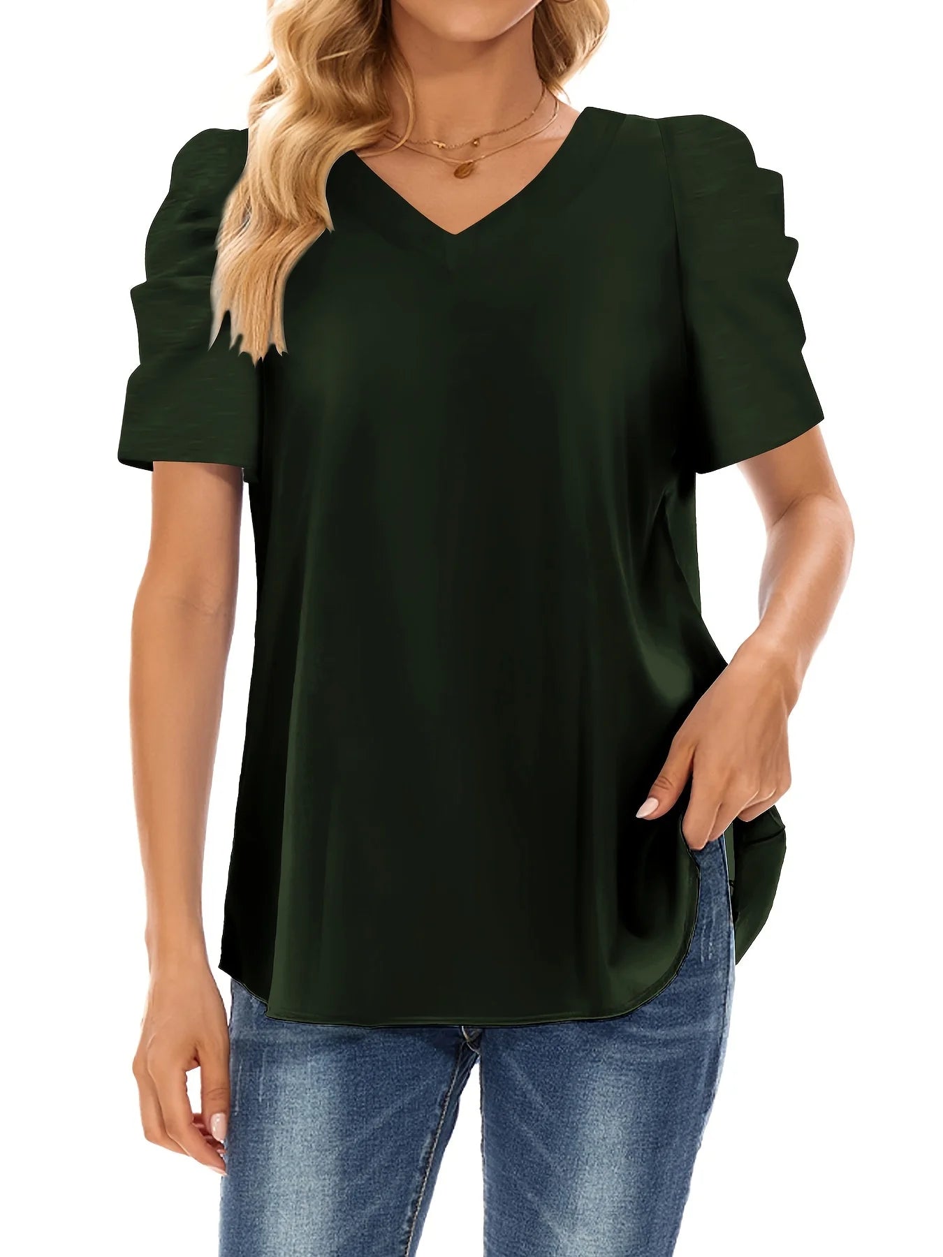 Elegant Women's Top Blouse Flower 2024 Summer Fashion Simplicity Short Sleeve Solid V-Neck Commuter Office Female Shirt S-XXL