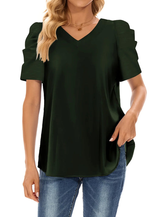 Elegant Women's Top Blouse Flower 2024 Summer Fashion Simplicity Short Sleeve Solid V-Neck Commuter Office Female Shirt S-XXL