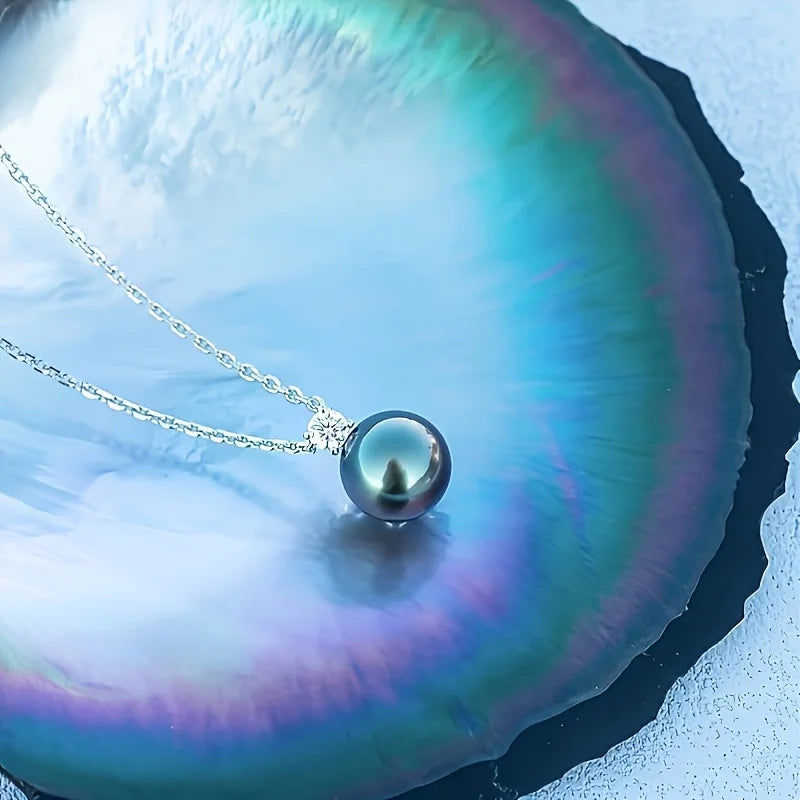 1pc S925 Silver 10mm Tahitian Black Pearl Inlaid With Moissanite Women's Necklace, AAAA Grade Handmade Selected Natural Black Pe