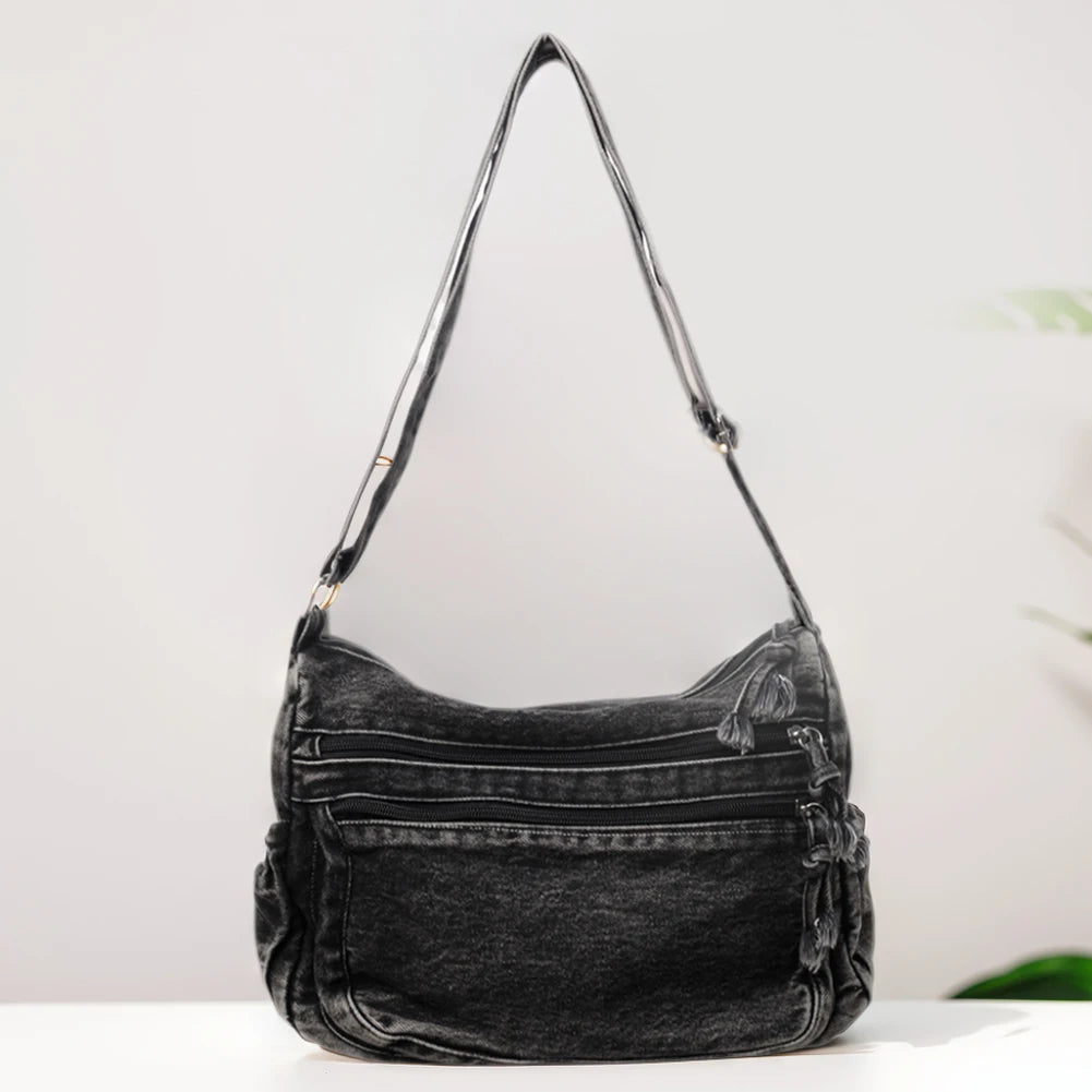 Women Denim Casual Messenger Bag Large Capacity Stylish Crossbody Bag Adjustable Strap Shoulder Tote Bag Outdoor Travel Bag