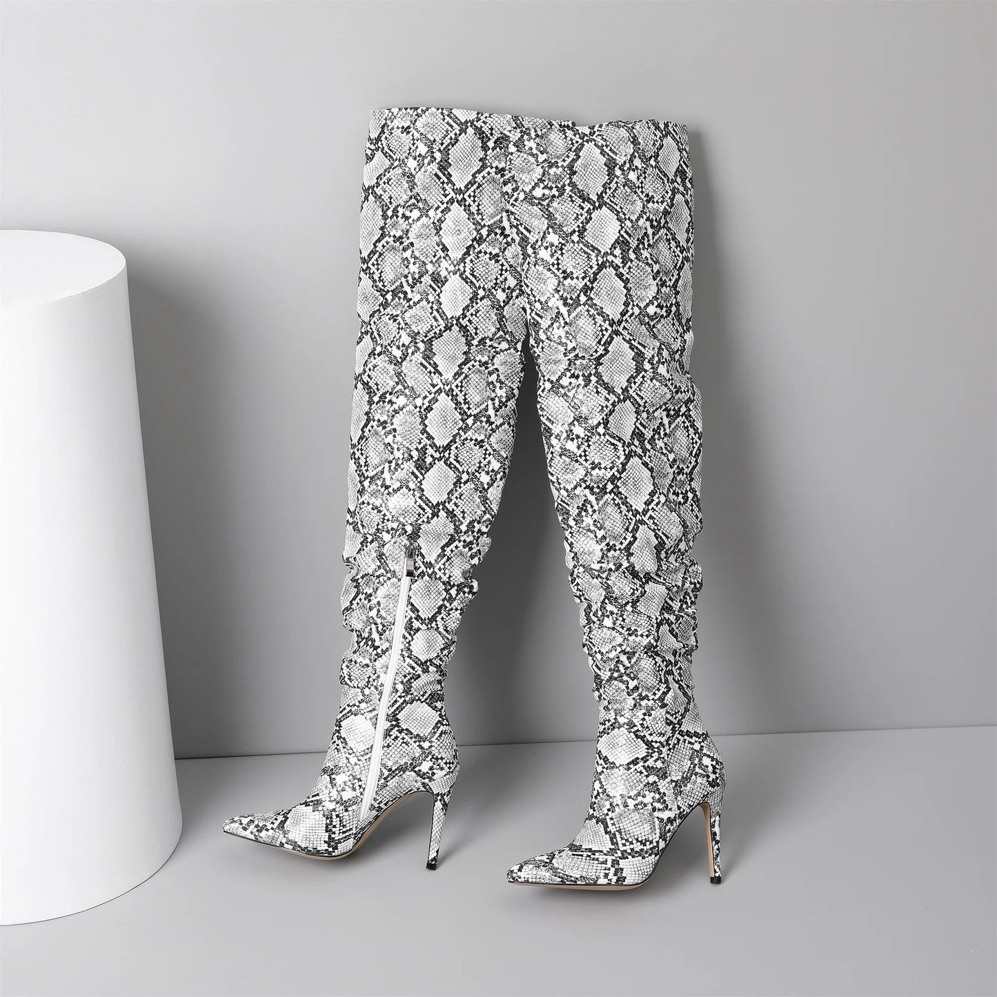 Snakeskin Boots knee high boots women Sexy Stunning and Stylish Exquisite Pointed Toe Fine High Heels Pleated