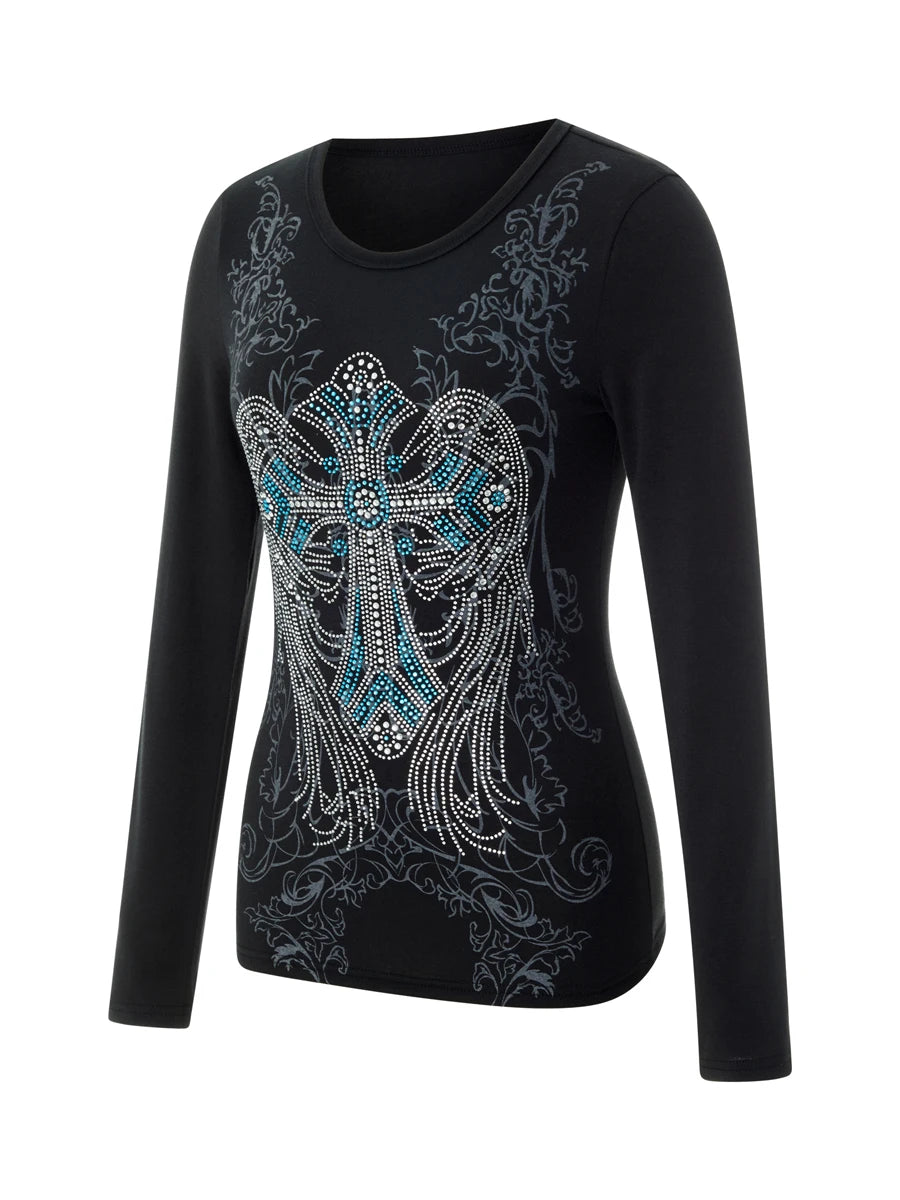 Women’s Blouse Round Neck Long Sleeve Cross Rhinestone Pattern Tops Clubwear for Spring Summer