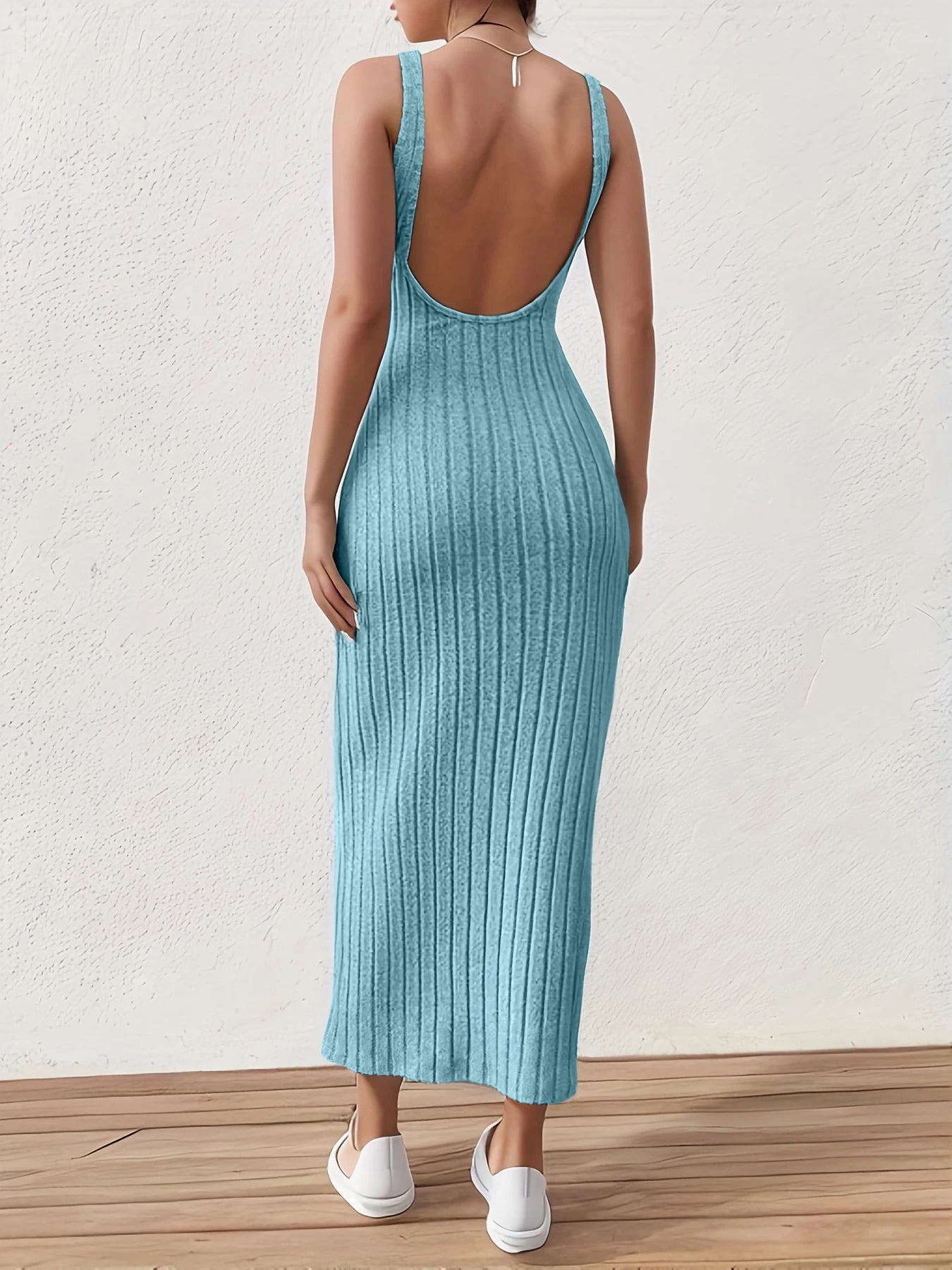 Solid Backless Tank Dress,Summer new sexy backless mid-length knitted sleeveless dress