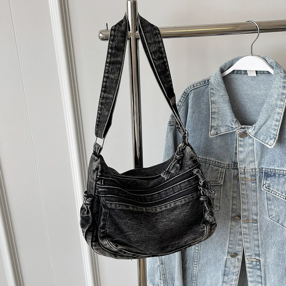 Women Denim Casual Messenger Bag Large Capacity Stylish Crossbody Bag Adjustable Strap Shoulder Tote Bag Outdoor Travel Bag