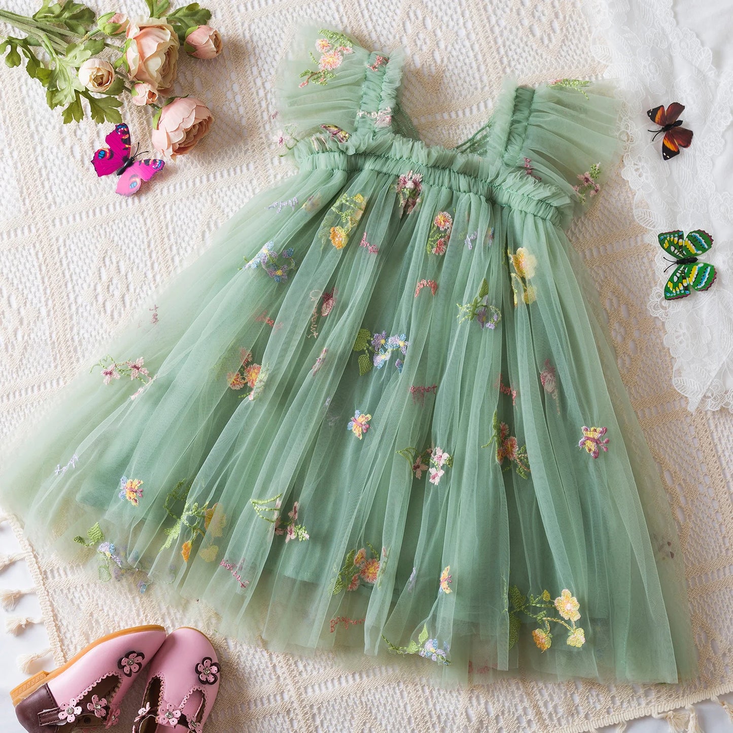 Summer Girls' Princess Party Birthday Dress Sweet Baby Girls Dress Back Bow Wings Fairy Strap Embroidered Butterfly Mesh Dress